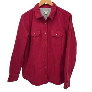 LL Bean Shacket Womens Large Red Gray Check Snap Up Lined Flannel + Pockets